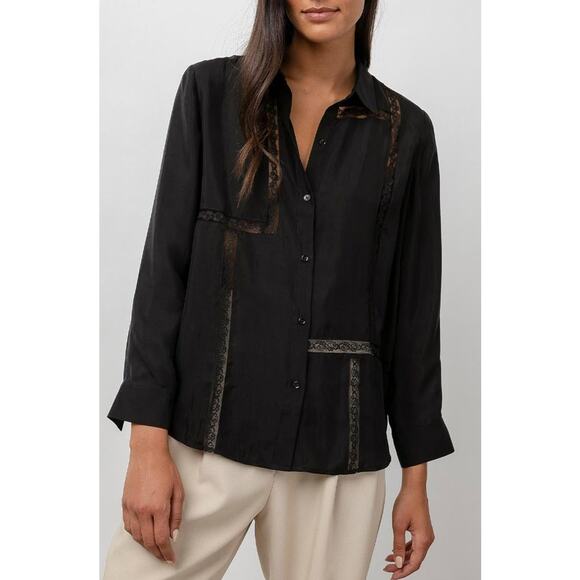 Rails Mona in Black Crepe Lace Long Sleeve Button Collared Shirt L - Picture 2 of 16